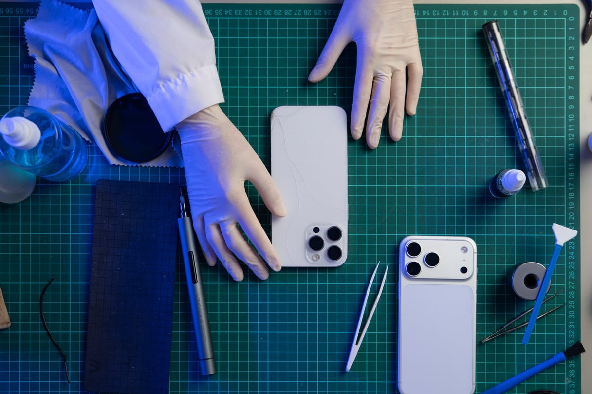 Hände mit Handschuhen reparieren ein Handy auf einer Schneidematte mit Werkzeug